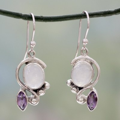 Rainbow moonstone and amethyst dangle earrings, 'Yours Forever' - Rainbow Moonstone and Amethyst Dangle Earrings