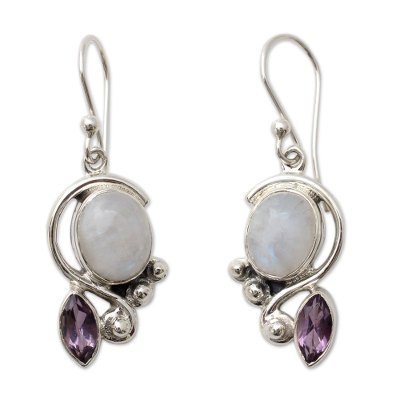 Rainbow moonstone and amethyst dangle earrings, 'Yours Forever' - Rainbow Moonstone and Amethyst Dangle Earrings