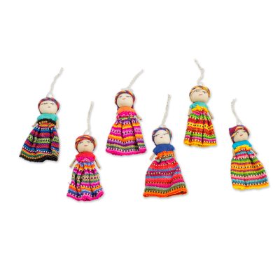 Cotton ornaments, 'Worry Dolls' (set of 6) - Worry Doll Ornaments
