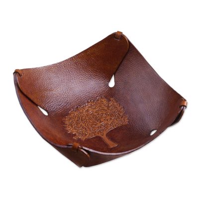 Leather catchall tray, 'Tree of Life' - Leather Catchall