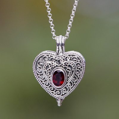 Garnet locket necklace 'Always in my Heart' - Garnet and Sterling Silver Heart Locket Necklace