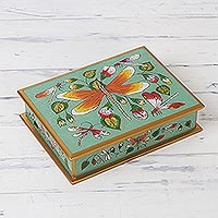 Reverse painted glass decorative box, 'Dragonfly World in Turquoise' - Turquoise Reverse Painted Glass Decorative Box from Peru