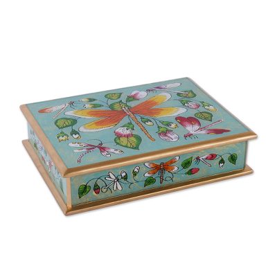 Reverse painted glass decorative box, 'Dragonfly World in Turquoise' - Dragonfly Reverse Painted Glass Decorative Box