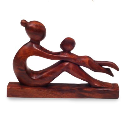 Wood sculpture, 'Playful Mother' - Hand-Carved Suar Wood Mother and Child Sculpture