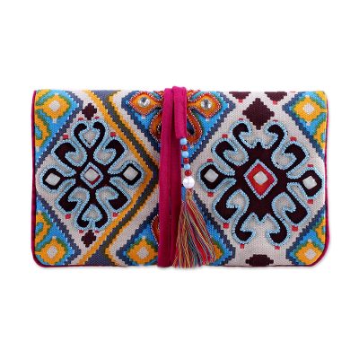 Cotton jewelry roll, 'Mosaic Medley' - Multicoloured Beaded Cotton Jewelry Roll