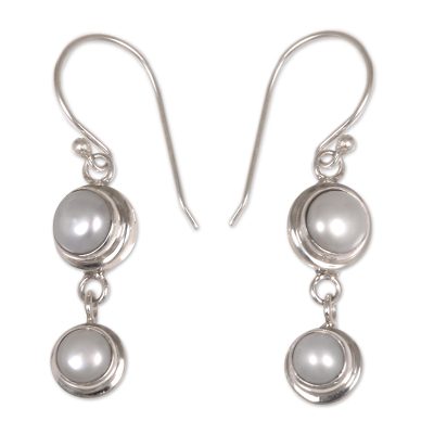 Pearl dangle earrings, 'Two Full Moons' - Sterling Silver Cultured Freshwater Pearl Dangle Earrings