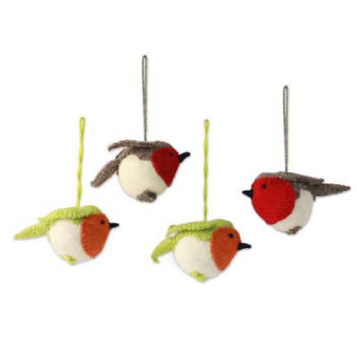 Wool ornaments, 'Robin's Delight' (set of 4) - Felt Bird Ornaments