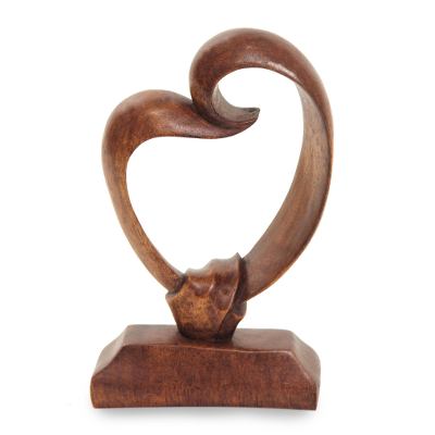 Wood statuette, 'Heart Bond' - Romantic Wood Sculpture