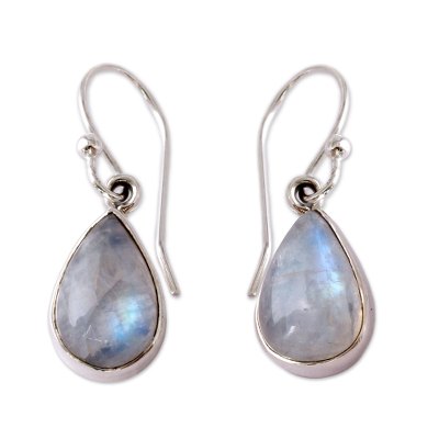 Rainbow moonstone dangle earrings, 'Luminous Light' - Rainbow Moonstone Earrings India Sterling Silver Jewelry