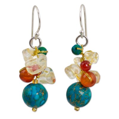 Carnelian and citrine cluster earrings, 'Blue World' - Handcrafted Carnelian Citrine Calcite Cluster Earrings