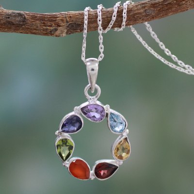 Multi-gemstone pendant necklace, 'Chakra' - Multi-gemstone Necklace Chakra Jewelry from India