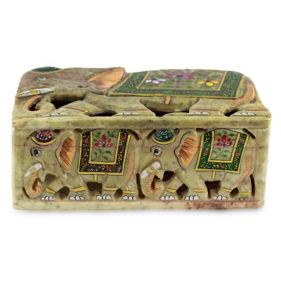 Soapstone box, 'Indian Elephants' - Elephant Soapstone Decorative Box