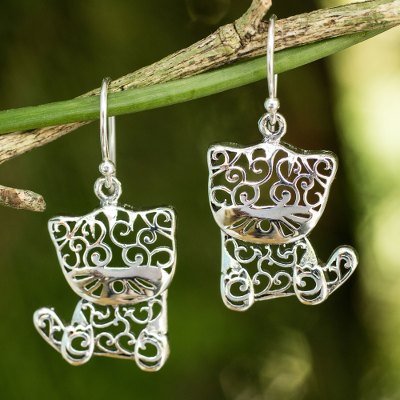Sterling silver dangle earrings, 'Filigree Kitten' - Sterling Silver Cat Earrings