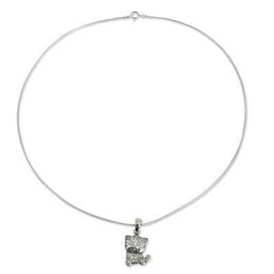 Sterling silver pendant necklace, 'Filigree Kitten' - Thai Filigree Sterling Silver Necklace