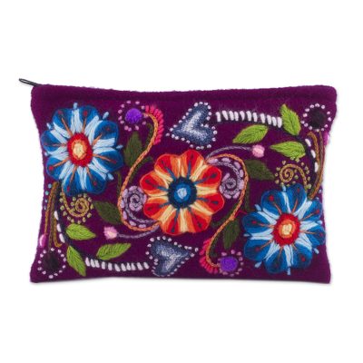 Alpaca blend clutch, 'Magenta Bouquet' - Floral Embroidered Alpaca Blend Clutch in Magenta from Peru
