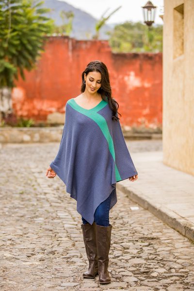 Knit poncho, 'Twilight' - Peruvian Knit Bohemian Drape Poncho in Blue and Green
