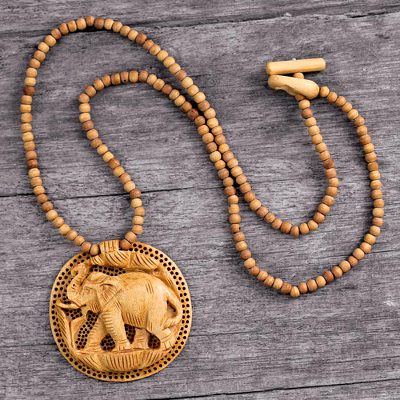 Wood pendant necklace, 'Elephant Fortune' - Hand Crafted Wood Necklace Indian Jewelry