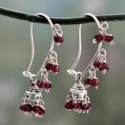 Garnet chandelier earrings, 'Music' - Garnet and Sterling Silver Handcrafted Jhumki Earrings