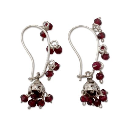Garnet chandelier earrings, 'Music' - Garnet and Sterling Silver Handcrafted Jhumki Earrings