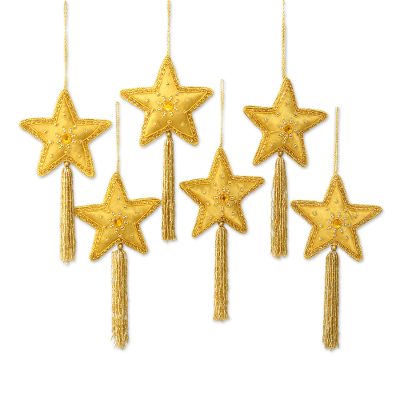 Embroidered ornaments, 'Zardozi Stars' (set of 6) - Indian Embroidered Beaded Gold Star Ornaments (Set of 6)