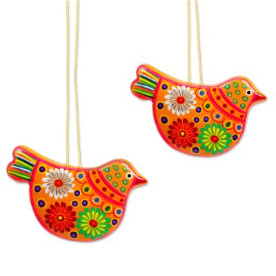 Ceramic ornaments, 'Marigold Christmas Doves' (pair) - 2 Yellow Floral Ceramic Peace Dove Ornaments Crafted by Hand