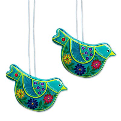 Ceramic ornaments, 'Turquoise Doves' (pair) - 2 Turquoise Ceramic Handcrafted and Painted Ornaments