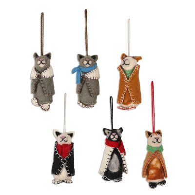 Wool ornaments, 'Cozy Cats' (set of 6) - Embroidered Wool Cat Ornaments from India (Set of 6)