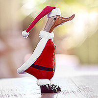 Bamboo and wood sculpture, 'Santa Duck' - Bamboo Root and Wood Santa Duck Decorative Accent from Bali