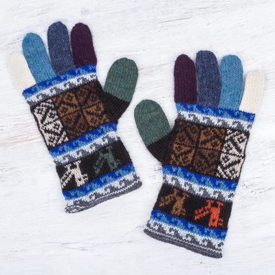 100% alpaca gloves, 'Andean Tradition in Blue' - Artisan Crafted 100% Alpaca Colorful Gloves from Peru