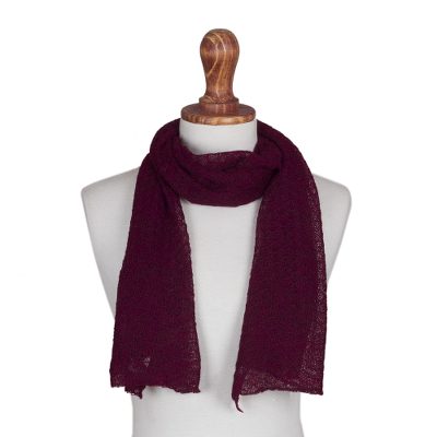 100% baby alpaca scarf, 'Wavy Texture in Wine' - Textured 100% Baby Alpaca Wrap Scarf in Wine from Peru
