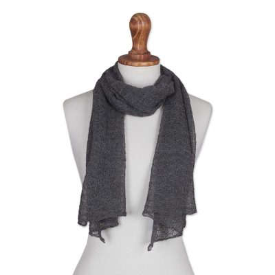 100% baby alpaca scarf, 'Wavy Texture in Slate' - Textured 100% Baby Alpaca Wrap Scarf in Slate from Peru