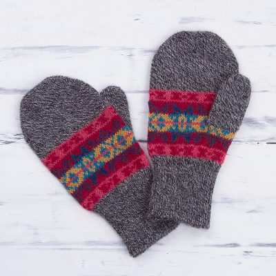 100% alpaca mittens, 'Inca Stripes' - Multicolored Knit 100% Alpaca Mittens from Peru
