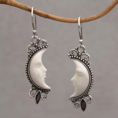 Garnet dangle earrings, 'Natural Moonlight' - Garnet and Silver Crescent Moon Dangle Earrings from Bali