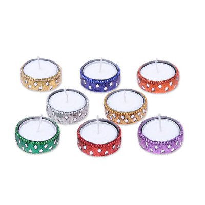 Aluminum and glass tea lights 'Festive Colors' (set of 8) - Sparkling Assorted Colors Resin-Coated Tea Lights (Set of 8)
