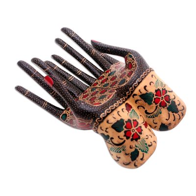 Batik wood ring holder, 'Beautiful Hands' - Floral Batik Wood Ring Holder from Java