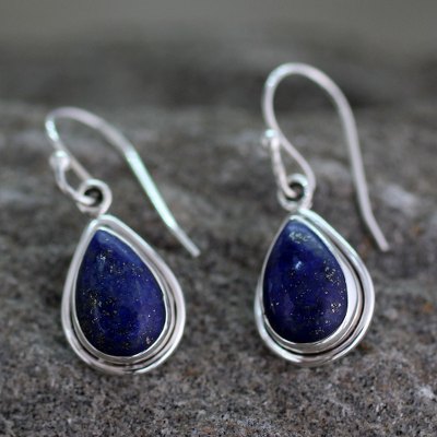 Lapis lazuli dangle earrings, 'Blue Teardrop' - Fair Trade Sterling Silver and Lapis Lazuli Earrings