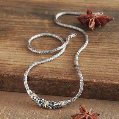 Gold accent sterling silver pendant necklace, 'Celuk Celebration' - Sterling Silver and 18k Gold Accent Naga Necklace