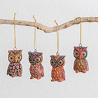 Wood ornaments, 'Celebratory Owls' (set of 4) - Pinewood Owl Ornaments from Guatemala (Set of 4)