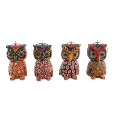 Wood ornaments, 'Celebratory Owls' (set of 4) - Pinewood Owl Ornaments from Guatemala (Set of 4)