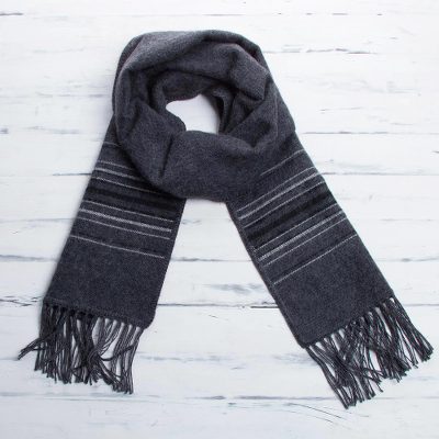 Men's alpaca blend scarf, 'Andean Clouds in Charcoal' - Fair Trade Woven Dark Gray Alpaca Blend Scarf for Men