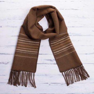 Men's alpaca blend scarf, 'Andean Clouds in Brown' - Men's Artisan Crafted Woven Brown Alpaca Blend Scarf