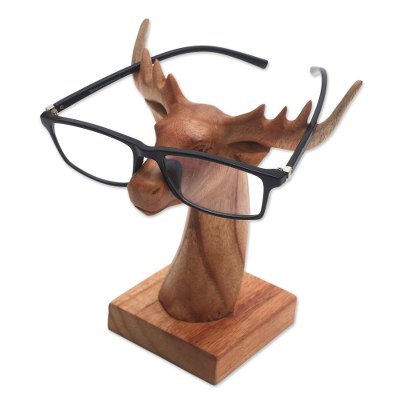 Wood eyeglasses holder, 'Studious Deer' - Jempinis Wood Deer Eyeglasses Holder from Bali