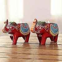 Wood tealight holders, 'Royal Light in Red' (pair) - Mango Wood Elephant Tealight Holders in Red (Pair)
