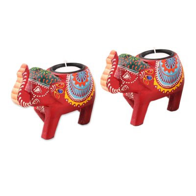 Wood tealight holders, 'Royal Light in Red' (pair) - Mango Wood Elephant Tealight Holders in Red (Pair)