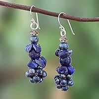 Lapis lazuli and cultured pearl beaded earrings, 'Heaven's Gift' - Lapis Lazuli and Cultured Pearl Beaded Cluster Earrings