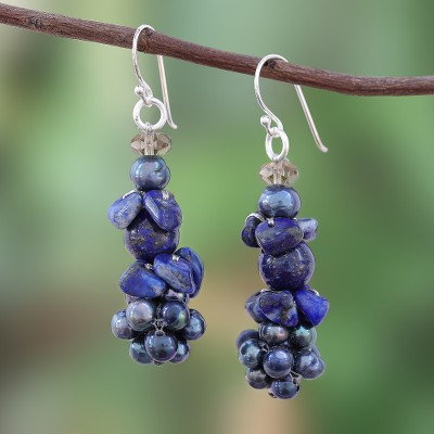 Lapis lazuli and cultured pearl beaded earrings, 'Heaven's Gift' - Lapis Lazuli and Cultured Pearl Beaded Cluster Earrings