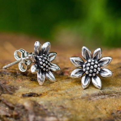 Sterling silver stud earrings, 'Sunflower Love' - Small Sterling Silver Sun Flower Post Earrings from Thailand