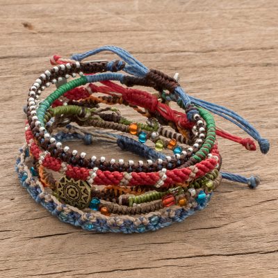 Glass beaded macrame bracelets, 'Colorful Stories' (set of 7) - Colorful Glass Beaded Macrame Bracelets (Set of 7)