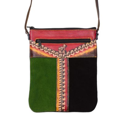Leather sling, 'Cusco Traveler' - Llama-Themed Multicolored Leather Sling from Peru