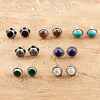 Multi-gemstone stud earrings, 'Everyday Pairs' (set of 7) - Multi-Gemstone Stud Earrings from India (Set of 7)
